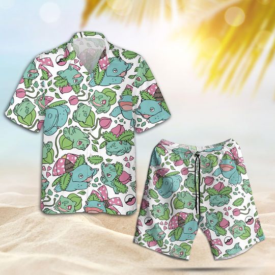 Discover Anime Hawaiian Shirt and Short, Venusaur Beach Shirt, Water Type Aloha, Gift For Him Family Trip Shirt