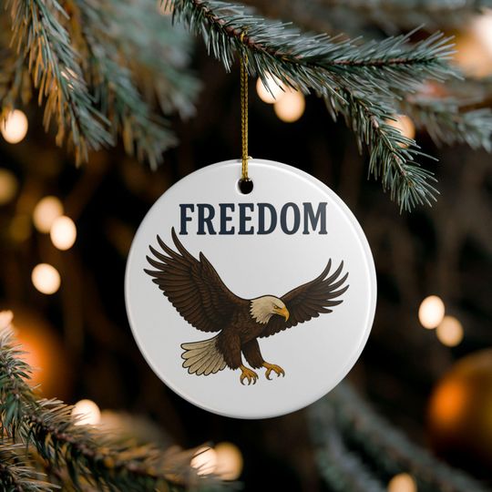 Freedom Bald Eagle Ornament, 3x3 Round Double-Sided Patriotic Ceramic Ornament, Christmas Decor,  Americana Gift