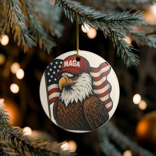 Discover Bald Eagle with Flag MAGA Hat Ornament, Ceramic Ornament