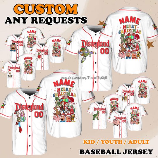 Discover Disney Toy Story Merry Christmas Jersey, Rex Hamm Forky Shirt, Christmas Outfit, Family Matching Outfit, Slinky Dog Bullseye Baseball Jersey