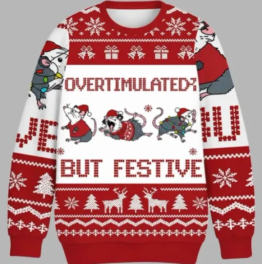 Discover Overstimulated But Festive Possum Christmas Ugly Sweater