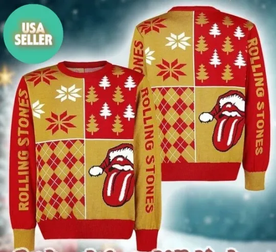 Rolling Stones Holiday Logo With Snowflakes Retro Style Ugly Sweater