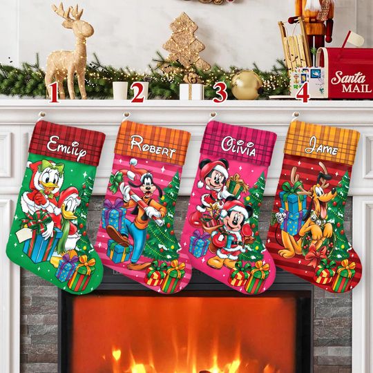 Discover Personalized Mickey Mouse Xmas Stocking, Mickey Santa Clause Christmas Stockings, Minnie Donald Daisy Goofy Christmas Socks Home Decoration