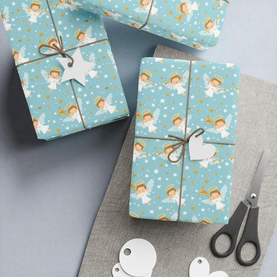 Discover Wrapping Paper Christmas Angels on Blue | Matte or Glossy | 3 Sizes
