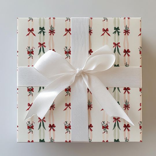 Discover Luxury Christmas Wrapping Paper, Burgundy and Green Ribbon Bow Gift Wrap, Elegant Holiday Present Wrap, Premium Quality Roll