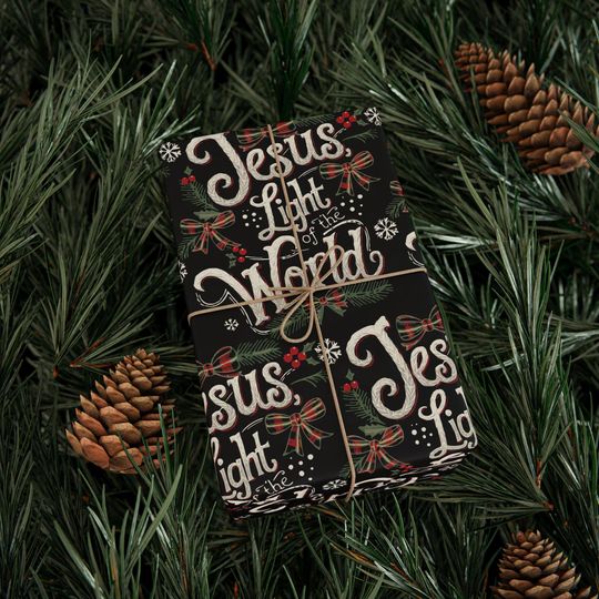 Discover Jesus, Light of the World Wrapping Paper, Christmas Holly Berries Gift Wrap, Holiday Packaging, Seasonal Design, Matte or Glossy, 3 Sizes