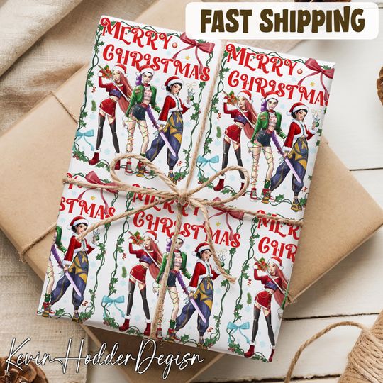 HUNTRIX Merry Christmas Wrapping Paper, Kpop Demon Hunters Wrapping Paper, Christmas Wrapping Paper, Derpy Tiger Christmas Wrapping Paper