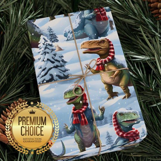 Discover Dinosaur Themed Christmas Winter Wrapping Paper | Christmas Kids Dinosaur Gift Wrap, T-Rex Christmas Gift Wrap, Dinosaur Gift Wrap, wp101