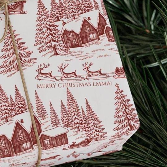 Discover Personalized Toile Christmas Wrapping Paper, Custom Name Gift Wrap, Vintage Holiday Gift Wrap Roll, Xmas Present Wrapping