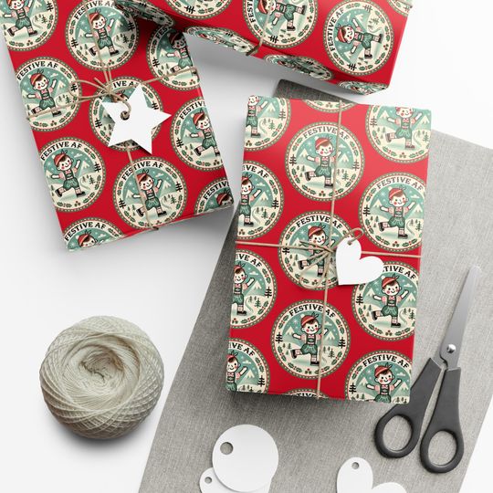 Discover Festive AF  Wrapping Paper, Christmas Gift Wrap with Cute Design, Funny Holiday Present Wrap, Seasonal Decoration, Unique Xmas Packaging,