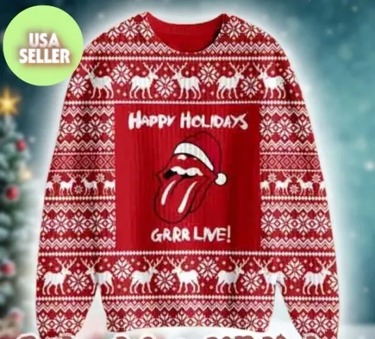 Rolling Stones Happy Holidays Reindeer Pattern Ugly Sweater