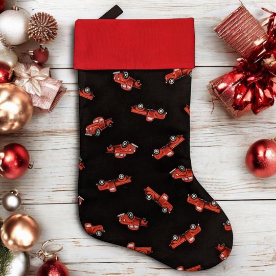 Red Pickup Truck Christmas Stocking, Vintage Vehicle, Historic Car Decor
