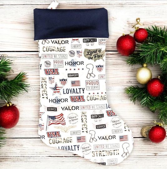 Discover Military Christmas Stocking, Dog Tags, United We Stand, Honor Our Troops, Overseas Service, Veterans