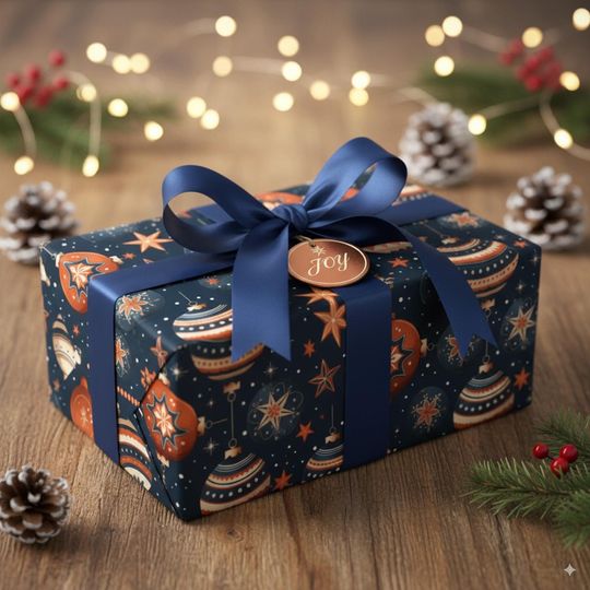 Discover Navy Christmas Wrapping Paper: Festive Ornaments, Stars, Retro Style