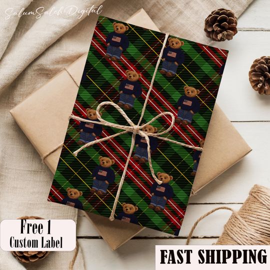 Cozy Bear Polo Ralph Laurent Gift Wrap Papers Wrapping Paper, Candy Stripe Teddy Christmas Prep Gift Wrap, Elegant Preppy Holiday