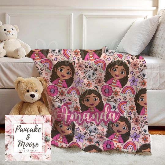 Discover Personalized Cat Girl Playhouse Blanket | Custom Name Minky Velveteen Throw | Rainbow and Kitty Blanket for Kids & Girls
