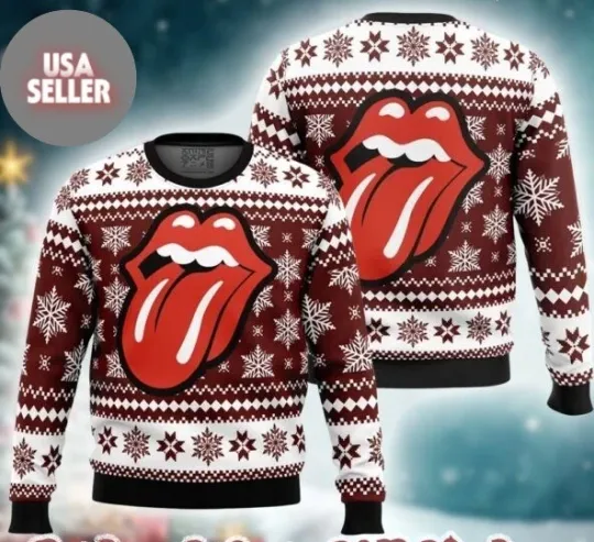 Rolling Stones Big Tongue Logo With Snowflakes Pattern Ugly Sweater