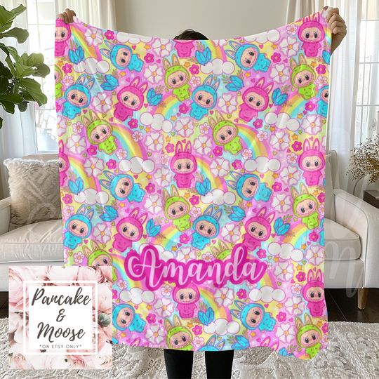 Discover Personalized Rainbow Bubu Blanket | Custom Name Pastel Plush Throw | Cute Kawaii Bubu Blanket for Kids & Teens