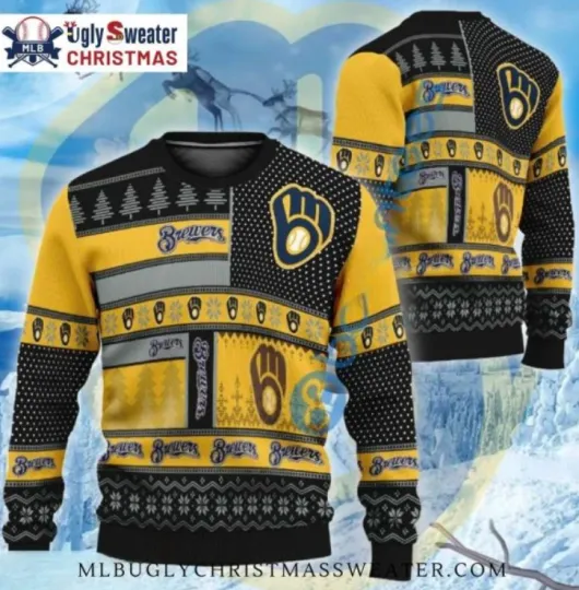 Milwaukee Brewer Patchwork Pattern Ugly Christmas Sweater, Gift For Fans, Christmas Gift