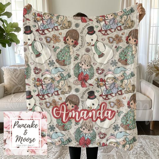 Discover Personalized Precious Vintage Christmas Blanket | Custom Name Minky Velveteen Throw | Retro Holiday Blanket for Kids & Families