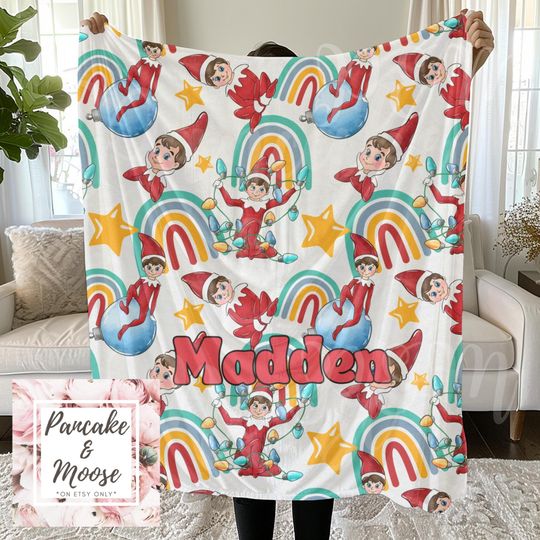 Discover Custom Christmas Elf Blanket, Personalized Name Holiday Throw with Rainbows and Stars, Cozy Christmas Gift for Kids