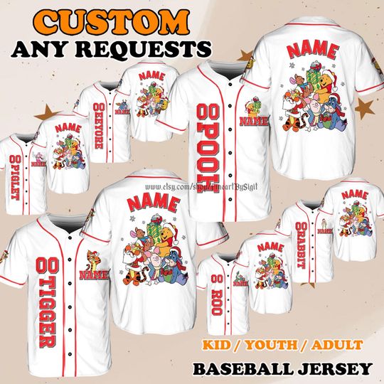 Discover Disney Winnie the Pooh Very Merry Christmas Jersey, Pooh Piglet Tigger Shirt,Family Matching Outfit, Eeyore Rabbit Owl Kanga Baseball Jersey