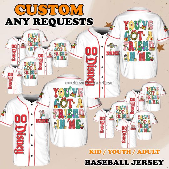 Discover Christmas Bo Peep Rex Hamm Forky Jersey Shirt, Disneyland Toy Story Youve Got a Friend in Me Baseball Jersey, Christmas Holiday Gift Shirt