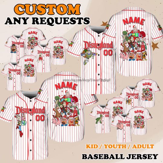 Discover Christmas Slinky Dog Bullseye Lotso Duke Caboom Jersey Shirt, Disney Toy Story Characters Baseball Jersey, Christmas Holiday Keepsake Shirt