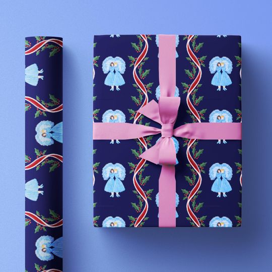 White Christmas Sisters Wrapping Paper Roll, Holiday Gift Wrap with Betty and Judy Haynes Illustrations, Iconic Blue Dresses & Fan Costumes