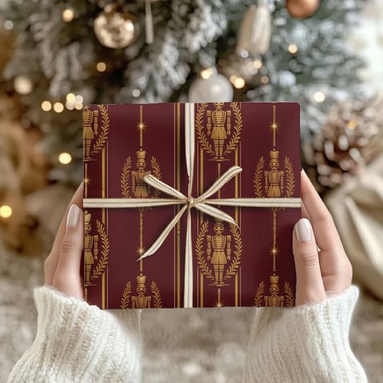 Discover Nutcracker Christmas Burgundy Wrapping Paper, Xmas Gift Wrap Roll, Luxury Festive Packaging, Vintage Elegant Gift