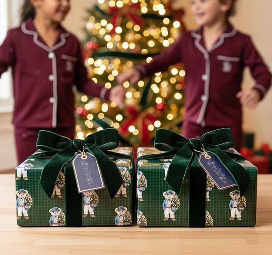 Christmas Holiday Wrapping Paper, Bear Christmas Wrapping Paper Roll, Teddy Plaid Gift Wrap, Luxury Preppy Tartan Christmas Gift Wrap