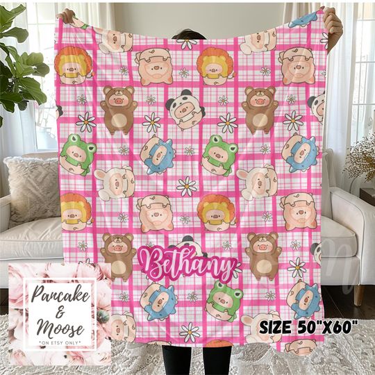 Discover Personalized Lulu Pig Blanket | Cute Animal Costume Blanket | Pink Plaid Kids Throw | Custom Name Farm Animal Blanket