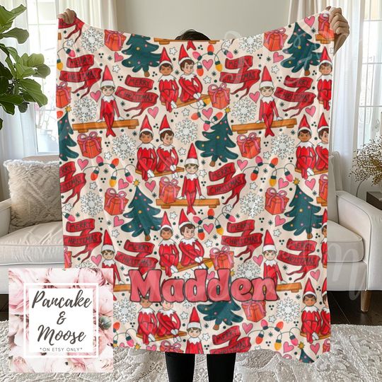 Discover Personalized Christmas Elf Fleece Blanket with Trees, Snowflakes, and Custom Name, Cozy Holiday Throw for Kids