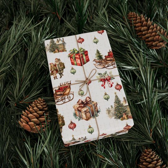 Discover Festive Christmas Wrapping Paper, Holiday Sleighs, Presents & Trees, Gift Wrap for Christmas, Retro Style Wrapping Paper