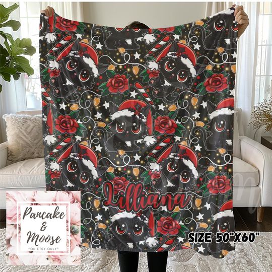 Discover Personalized Christmas Black Cat Fleece Blanket for Cat Lovers