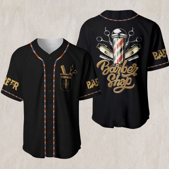 Discover Custom Barber Shop Baseball Jersey Personalized Name Pocket, Black Gold Button Up