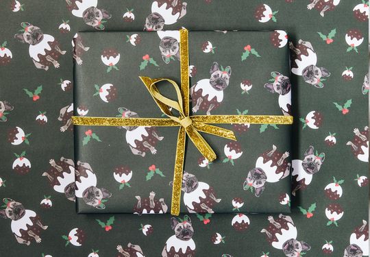 Discover Frenchie Christmas pudding wrap, dog wrapping paper, french bull dog