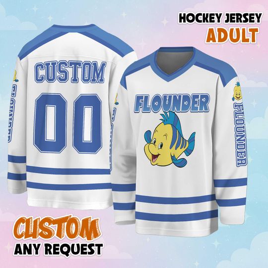Discover Custom Disney Flounder Hockey Jersey, Personalized The Little Mermaid Hockey Shirt, Hockey Fan Lover Gift, Hockey Team Outfit