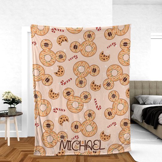 Discover Custom Disney Cookie Throw with Name, Personalized Blanket Featuring Mickey Shaped Gingerbread Donuts Candy Canes for Kids Holiday Decor