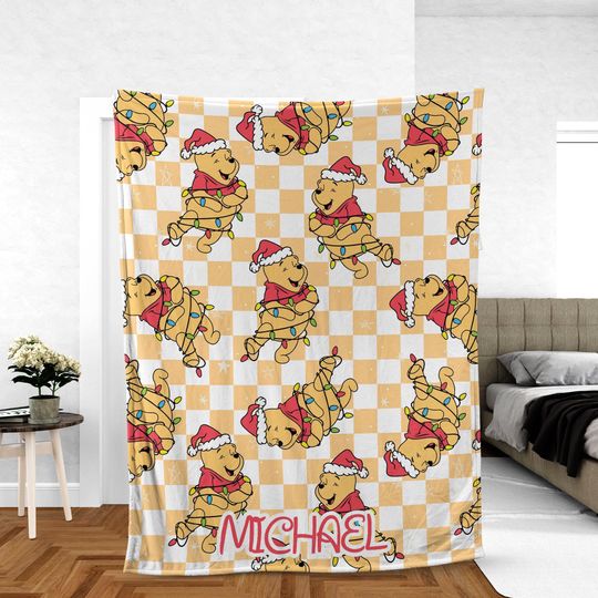 Discover Custom Winnie the Pooh Christmas Throw with Name, Personalized Baby Blanket Featuring Santa Pooh Wrapped in Lights for Kids or Nursery Decor