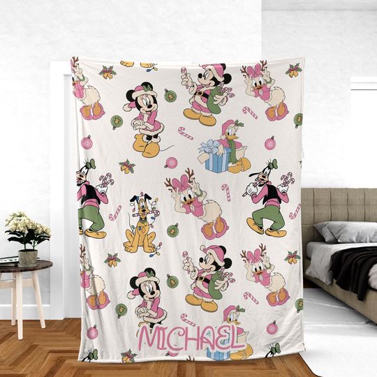 Discover Custom Name Disney Characters Christmas Throw, Personalized Blanket Featuring Mickey Minnie Goofy Daisy Donald and Pluto for Kids Room Decor
