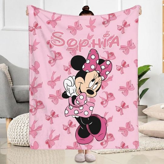 Discover Coquette Bow Minnie Mouse Fleece Blanket, Disney Character, Custom Name, Christmas Gift