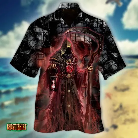 Discover Warden of Death Scythe Skull Halloween Aloha Hawaiian Shirt