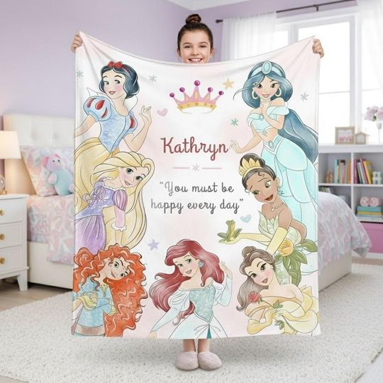 Discover Personalized Disney Princess Fleece Blanket with Watercolor Castle and Bows, Birthday Girl Gift