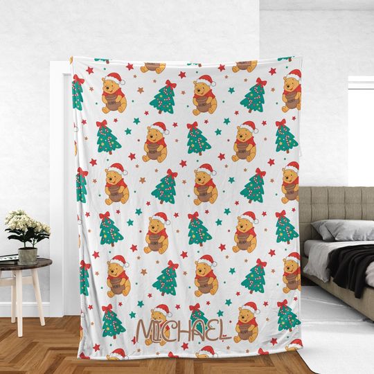Discover Personalized Winnie the Pooh Christmas Fleece Blanket with Santa Hat and Tree for Kids Room