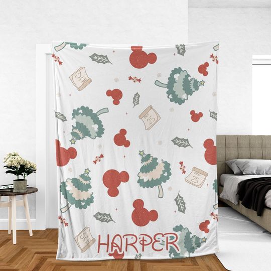 Discover Personalized Disney Christmas Tree Fleece Blanket with Mickey Design for Kids' Room or Nursery