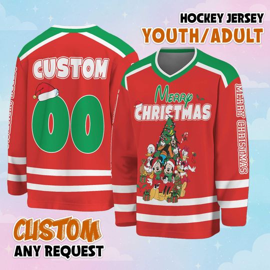 Discover Personalized Disney Christmas Red Hockey Jersey, Custom Christmas Hockey