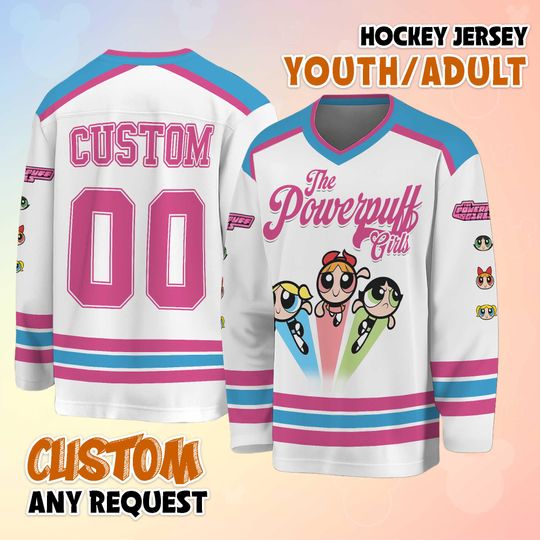 Personalized Powerpuff Girls Hockey Jersey, Cartoon Shirt, Blossom Bubbles Buttercup Sports Outfit