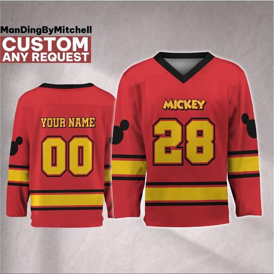 Discover Personalize Disney Mickey Mouse Vintage Red Hockey Jersey, Custom Disney Hockey Jersey