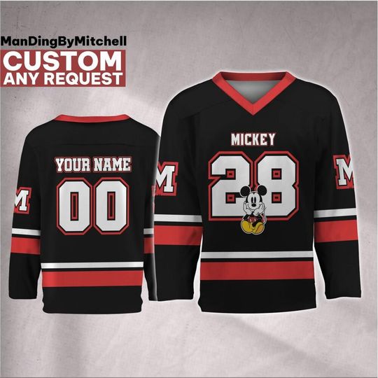 Discover Personalize Disney Vintage Mickey Mouse Black Hockey Jersey, Custom Disney Hockey Jersey